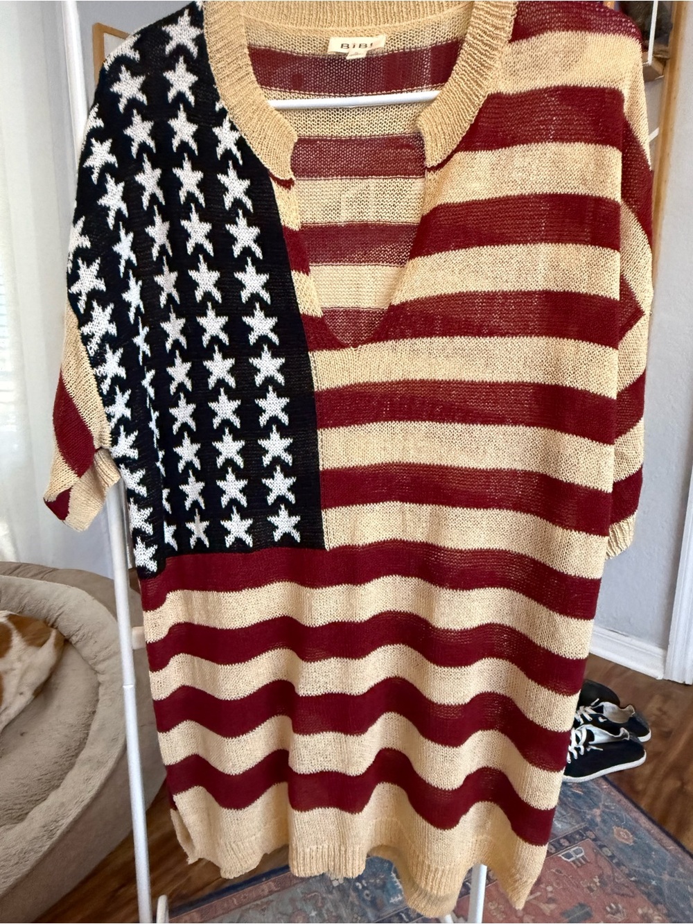 NWOT BiBi Red, Cream Striped Knit Cover up with Flag Detail